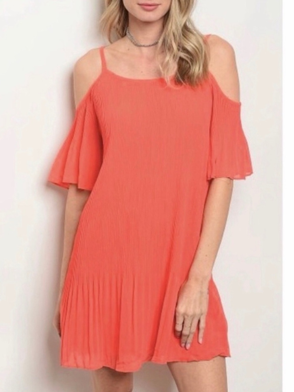 DO+BE Coral Cold-Shoulder Pleated Dress